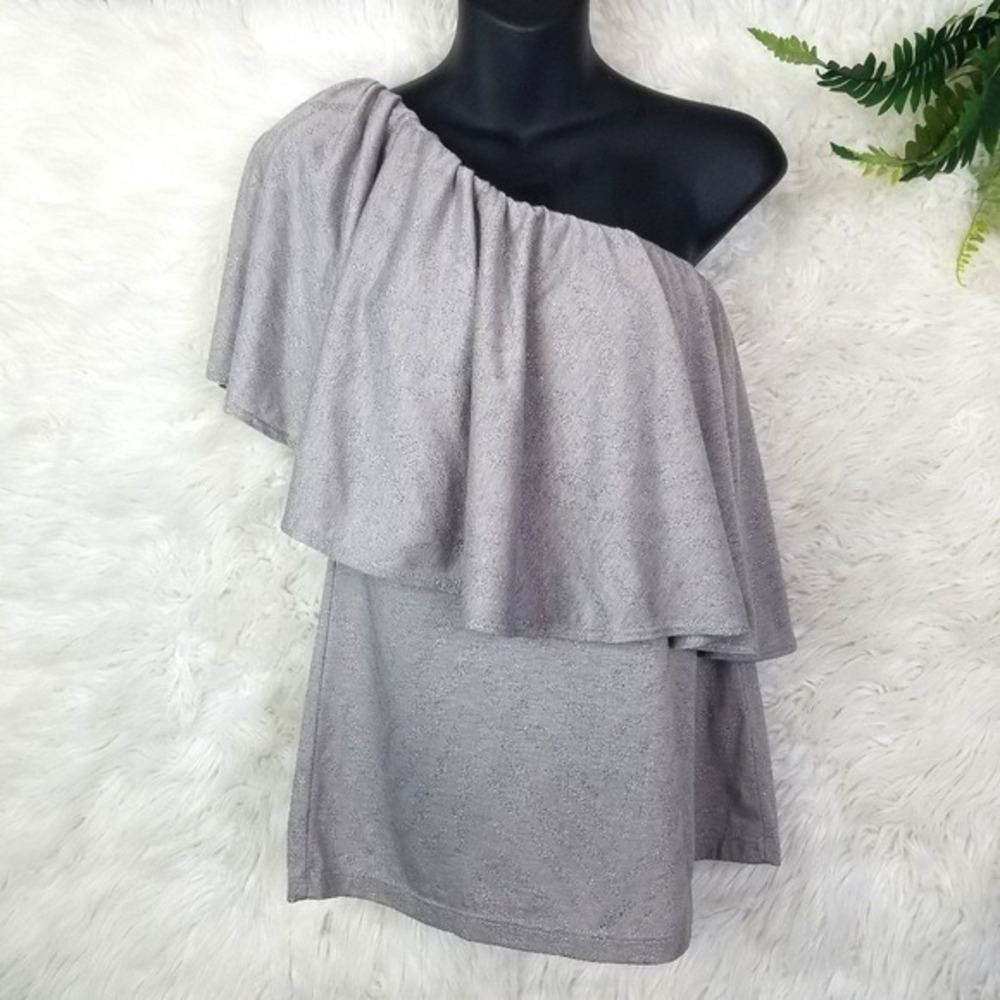 DREW Silver One Shoulder Tiered Top XS Xtra Small Y2K Luxe Bling